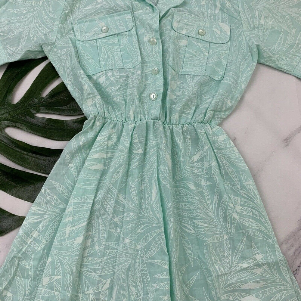 Womens Vintage Shirt Dress Size 8 Petite Mint Green Tropical Floral Midi Pastel - Picture 3 of 11